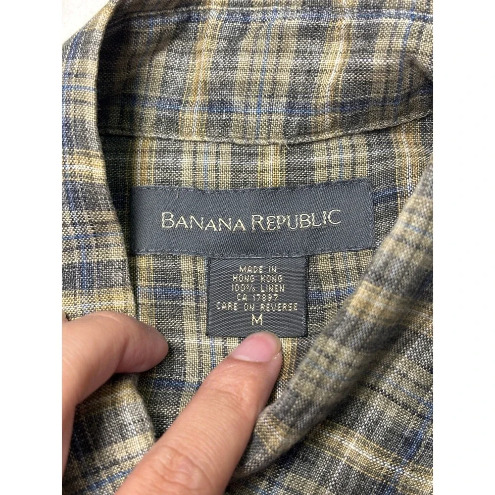 VTG Banana Republic Mens 100% Linen Plaid Button Down Shirt Brown Blue Medium